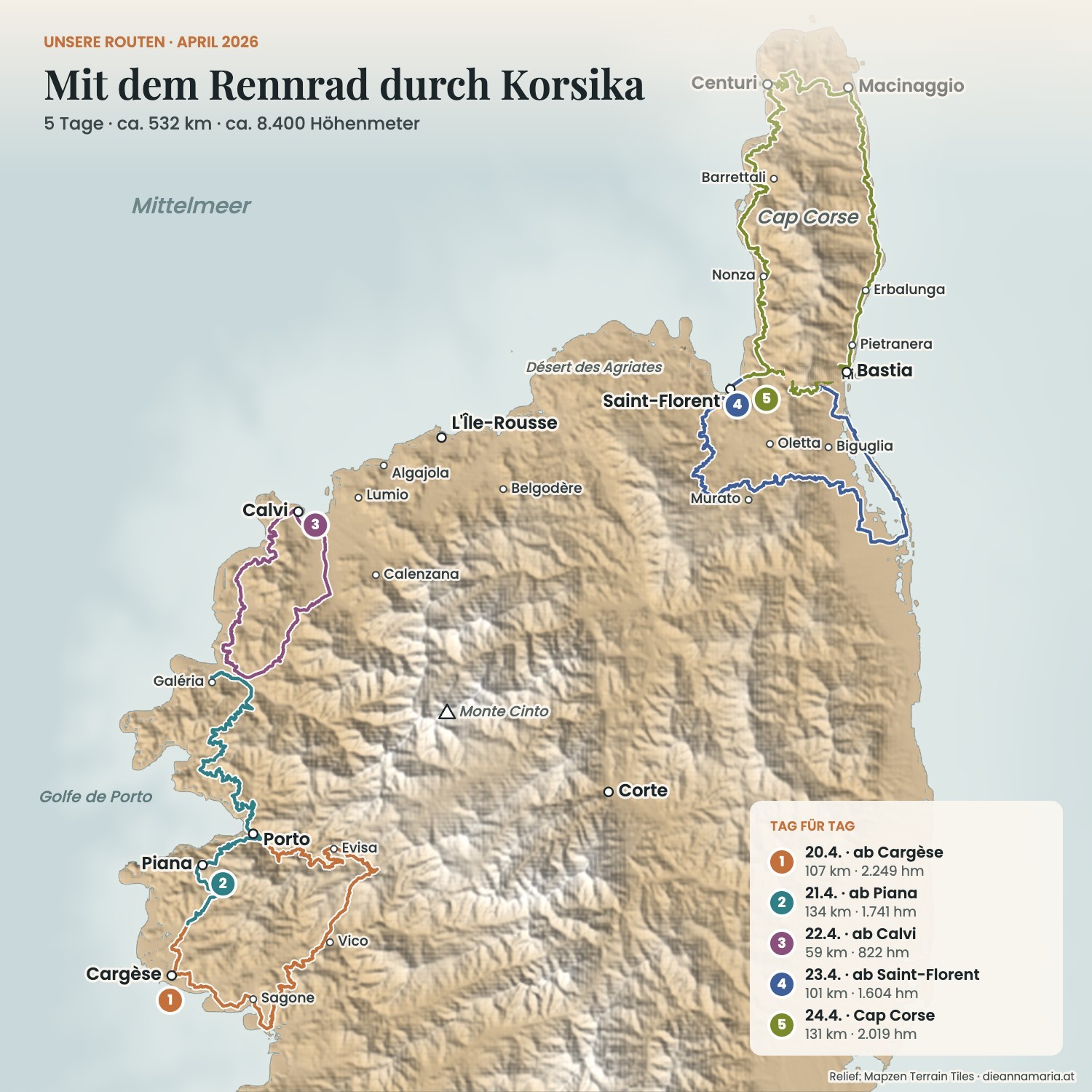 Reliefkarte unserer Rennradrouten auf Korsika: Cargèse, Piana, Calvi, Saint-Florent und Cap Corse